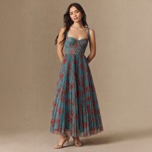 NEW HUTCH Macclare Floral Pleated Maxi Gown Teal Rust Size Small